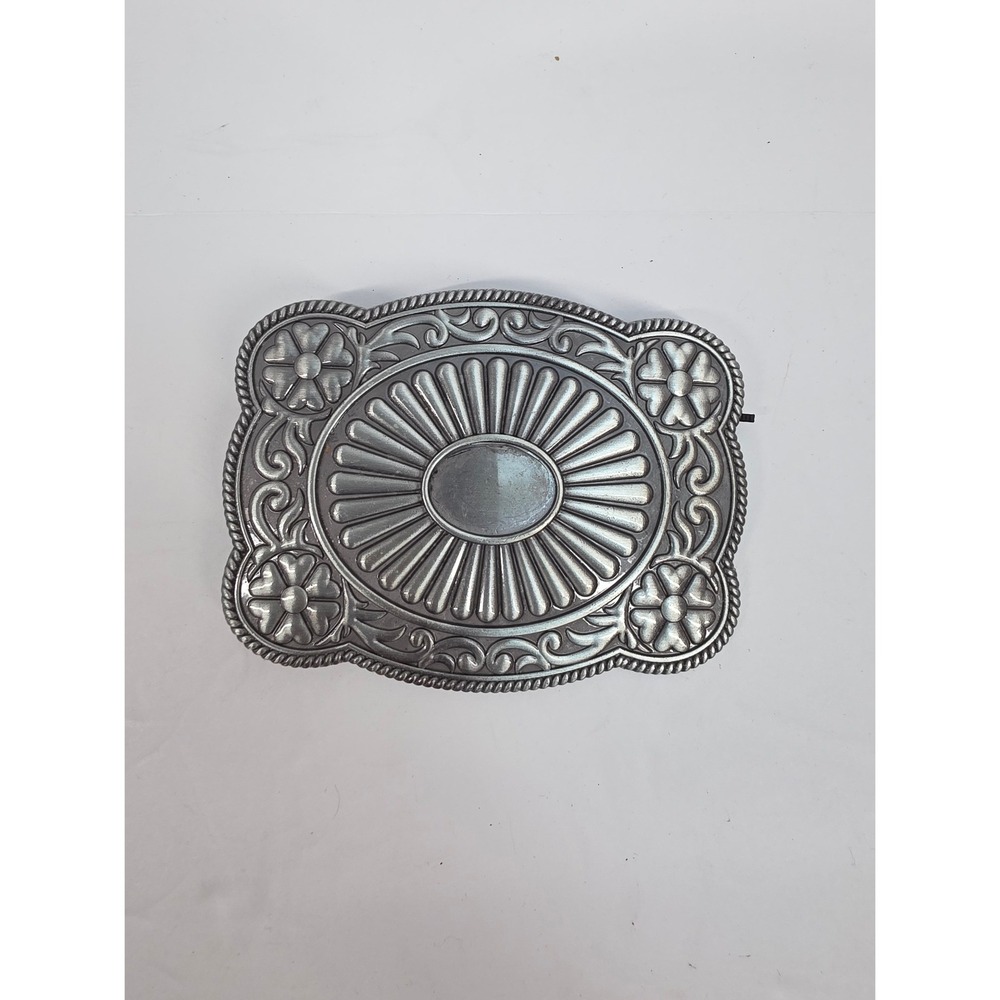 Western Floral Sunburst Silver Tone Belt‎ Buckle Rectangular Cowboy Accessory